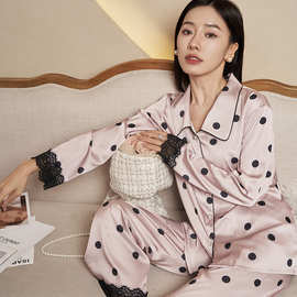 睡衣女秋季新款仿真丝黑粉波点薄款可外穿家居服法式长袖套装