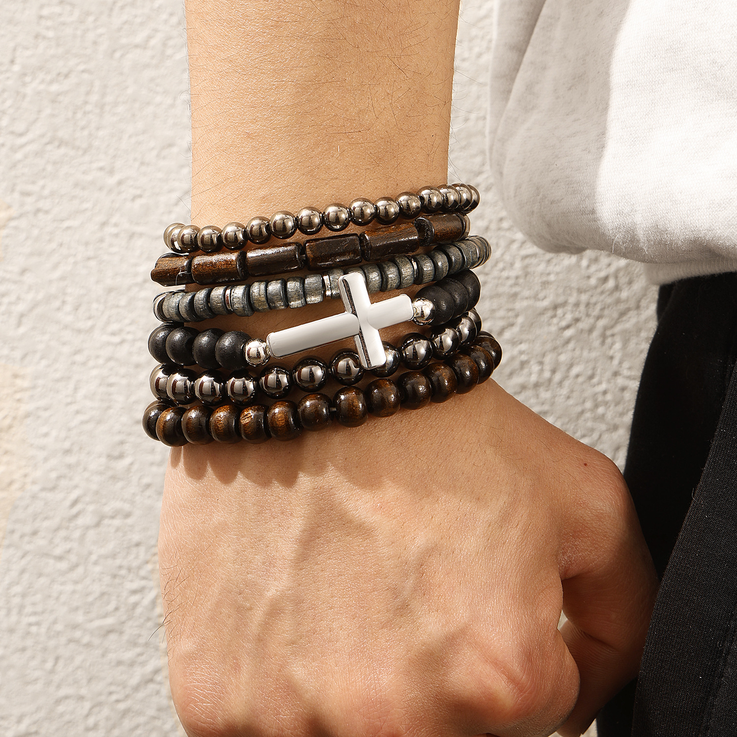 Cross-Border Hot Selling Retro Fashion Bohemian Cross Wooden Bead Bracelet Amazon Men's Bracelet Set