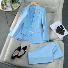 蓝色西装套装女秋冬款职业装气质女神范正装西服马甲三件套工作服