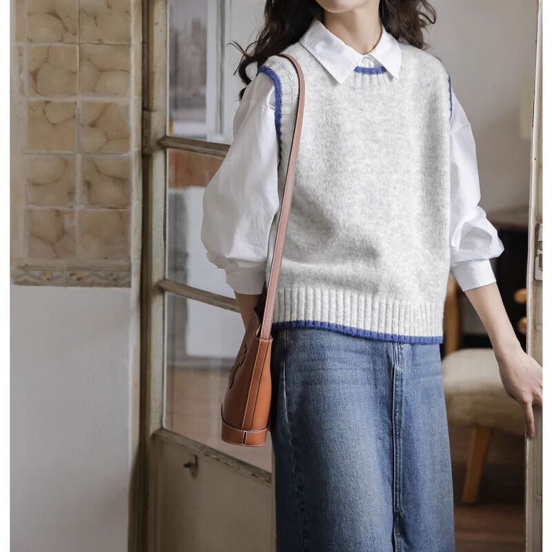 Blue Snow Mountain/Nordic Style Grey Sweater Vest Women's Autumn Stacked Knitted Sweater Vest Inner Top Wear