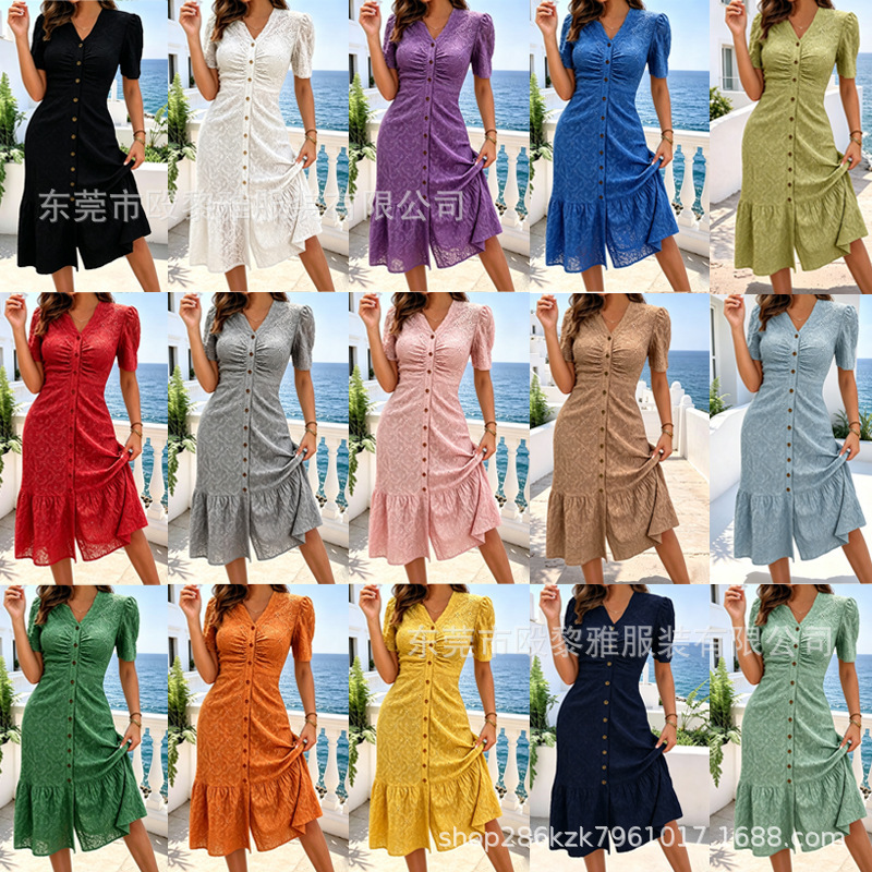 European and American Cross-Border Tiktok Summer New Women's Clothing Elegant Casual Solid Color Dress High-End Short-Sleeve Dress for Women European and American Cross-Border Tiktok Summer New Women's Clothing Elegant Casual Solid Color Dress High-End Short-Sleeve Dress for Women