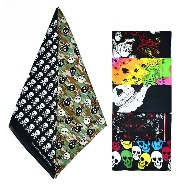 Factory Direct Supply European and American Cotton Skull Pattern Outdoor Sports Headscarf Hip-Hop Style Spot Wholesale Ghost Head Square Scarf