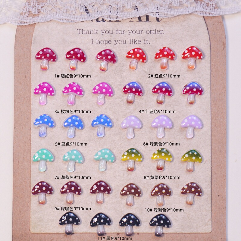 New colorful polka dot mushroom nail art decorations, resin DIY phone cases, hair clips, and small accessories for nail art – wholesale packaging