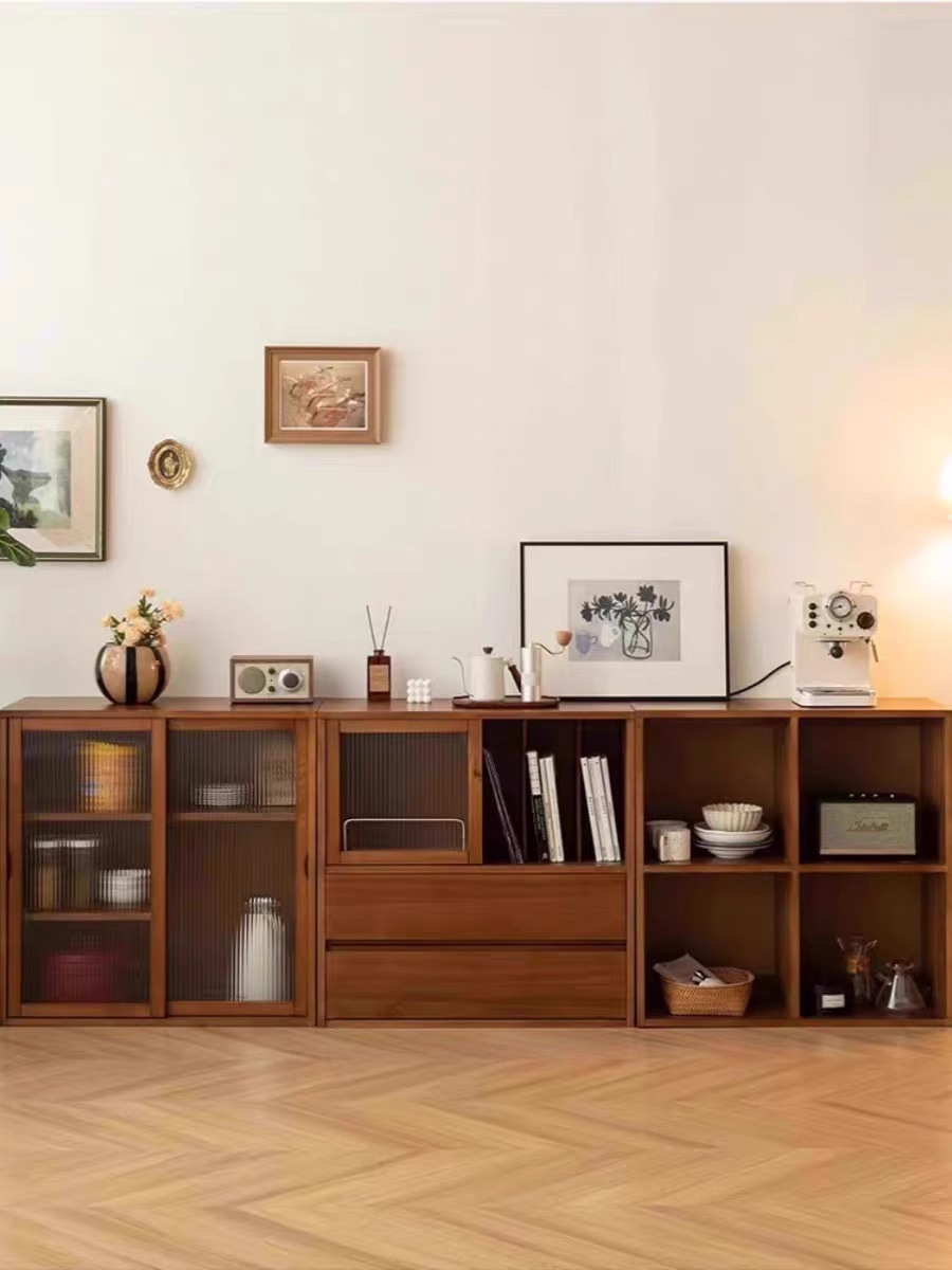 Retro Solid Wood Bookcase Living Room Storage Cabinet Combination Cabinet Display Cabinet Sideboard Floor-Standing Grid Storage Low Cabinet Bookshelf
