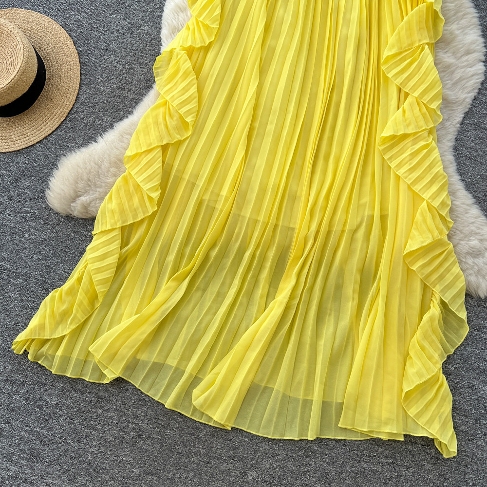 Yellow Strapless Sleeveless Long Dress Ruffled Halter Neck Design Loose Fit French Style Summery Feel Women's Clothing_ecoleips.com