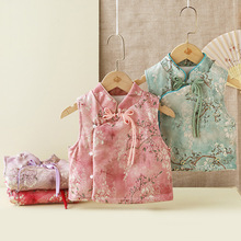 新款夹棉国风仿旗袍立领盘扣马甲冬拜年服女童宝宝民族风加厚背心
