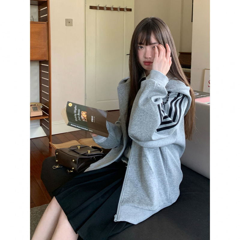 三条杠卫衣女连帽外套2025春季新款拉链开衫宽松学院风灰色上衣秋|undefined