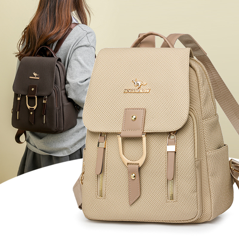 New Large-Capacity Soft Pu Linen Pattern Backpack for Women, Versatile Multi-Zipper Travel Bag, Casual Fashion Backpack