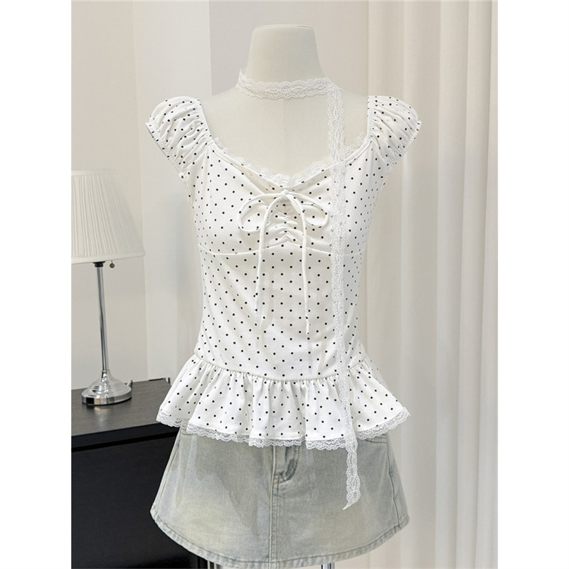 1*1 Cool Silk Cotton One-Shoulder Short-Sleeve Women's Summer Lace Ribbon Patchwork Polka Dot T-Shirt Slim Fit Korean Style Top 1*1 Cool Silk Cotton One-Shoulder Short-Sleeve Women's Summer Lace Ribbon Patchwork Polka Dot T-Shirt Slim Fit Korean Style Top