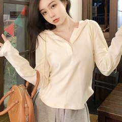 2025新款慵懒长袖t恤女秋冬连帽短款卫衣网球健身瑜伽服修身上衣