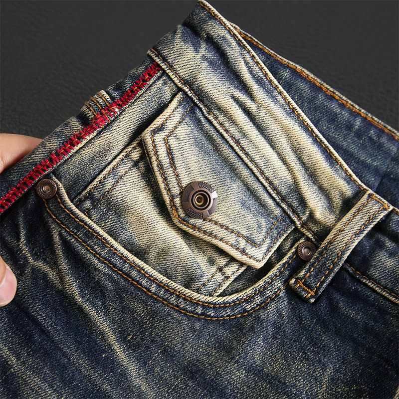 Men's American Retro Nostalgic Washed Slim-fitting Small Straight Stretch Pu Handsome Autumn And Winter Fashion