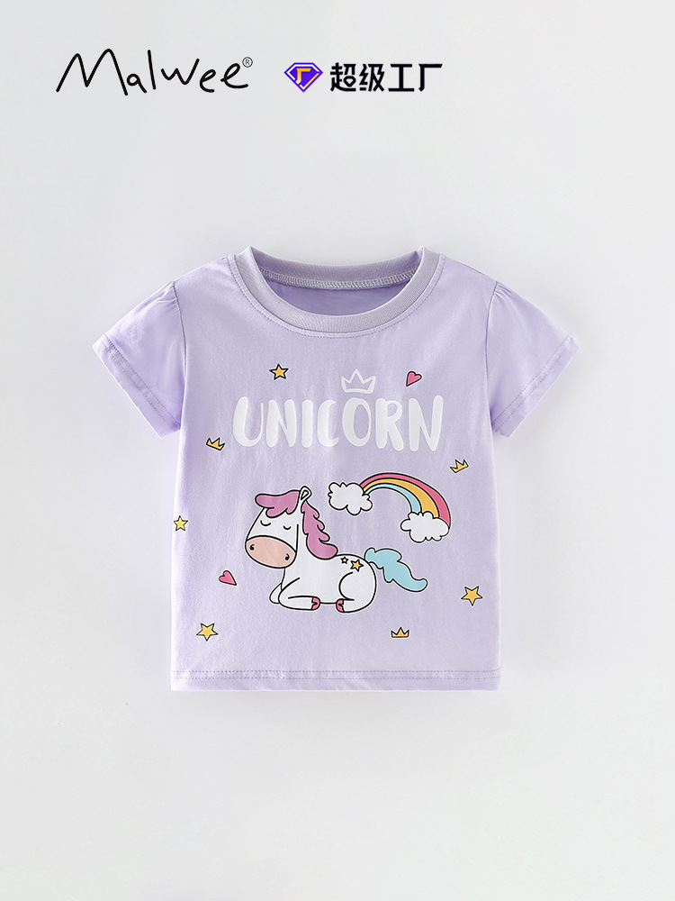 Malwee niñas de manga corta de verano nuevo estilo europeo y americano de niños de media edad camiseta de cuello redondo casual camiseta de niña pequeña camiseta