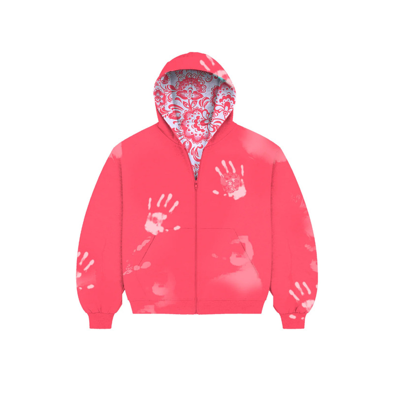 American-style high-street hoodie with palm print, reversible design, unisex, vintage, distressed look, zip-up cardigan