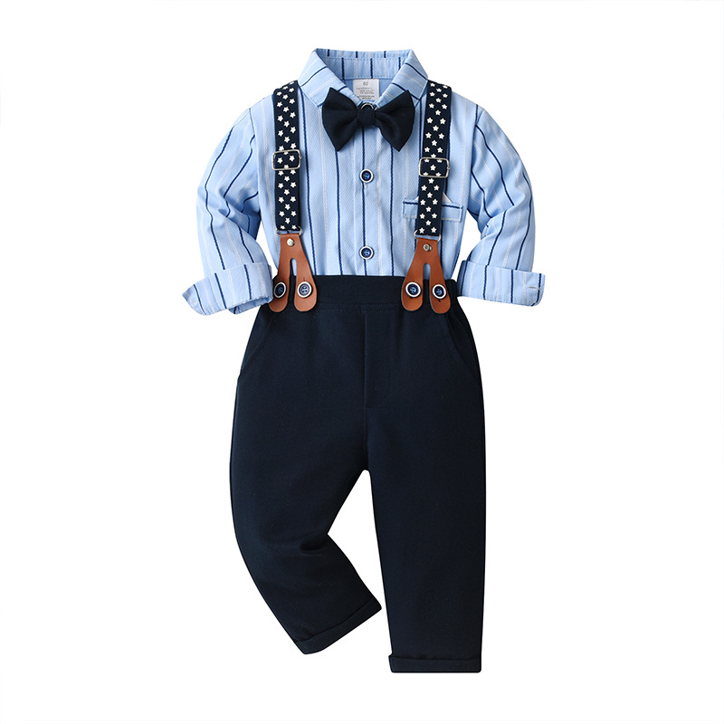 Ropa infantil transfronteriza primavera y otoño pantalones tirantes a rayas niños traje ropa de bebé niño Caballero vestido niño ropa de otoño