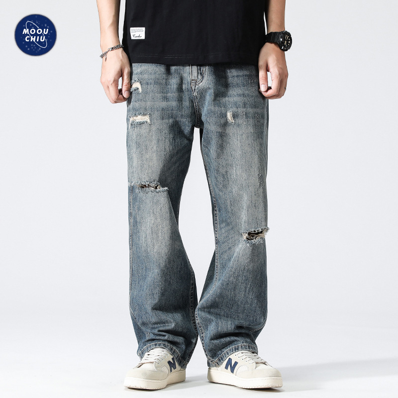 Muqiu Men's Wear ∠ Summer New Old Washed Ripped Jeans Men's American Style High Street Retro Wide Leg Pants
