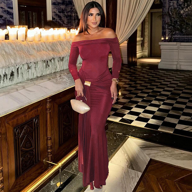 European And American Style Women's Fashion 2024 Autumn Winter New Fashionable Elegant Off-Shoulder Solid Color Long_ecoleips.com