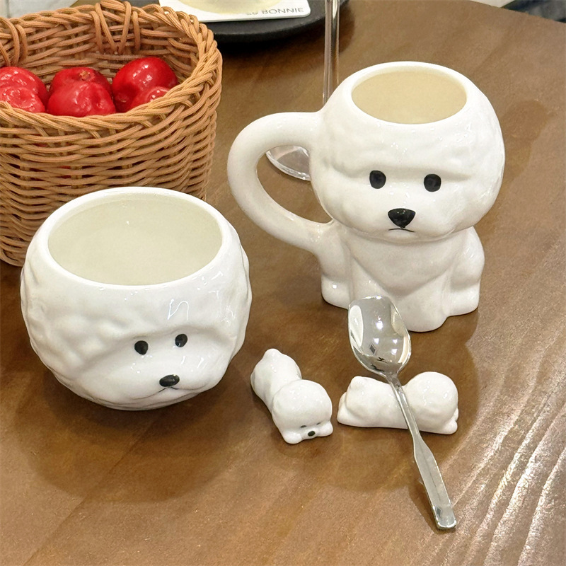 Cute Cartoon Cream-Style Puppy Ceramic Rice Bowl and Chopstick Holder Creative Drinking Cup Mug One-Person Dining Tableware Set
