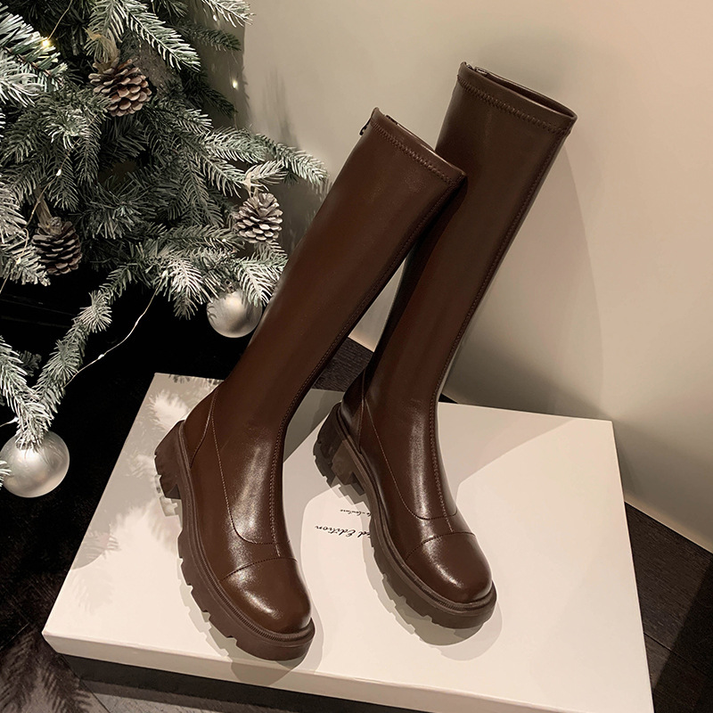 Demi-season retro brown elastic high boots platform