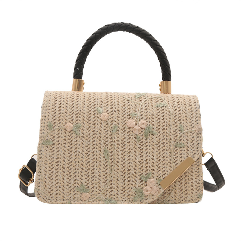 Diseño de nicho de alta sensación de tejido pequeño bolso cuadrado para mujeres 2024 nueva moda de paja bordada mochila de hombro