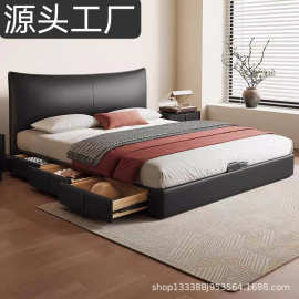 真皮床主卧高端大气现代简约储物黑色意式极简双人香奈尔床