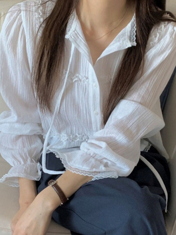 chic短款春日衬衫设计感蕾丝花边系带拼接泡泡袖薄款防晒上衣女装|undefined