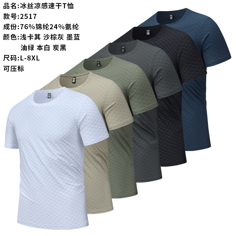 2025 New Ice Silk Men's Short-Sleeved T-Shirt Summer Plus Size Plus Size Breathable Shirt Fitness Sports Quick-Drying
