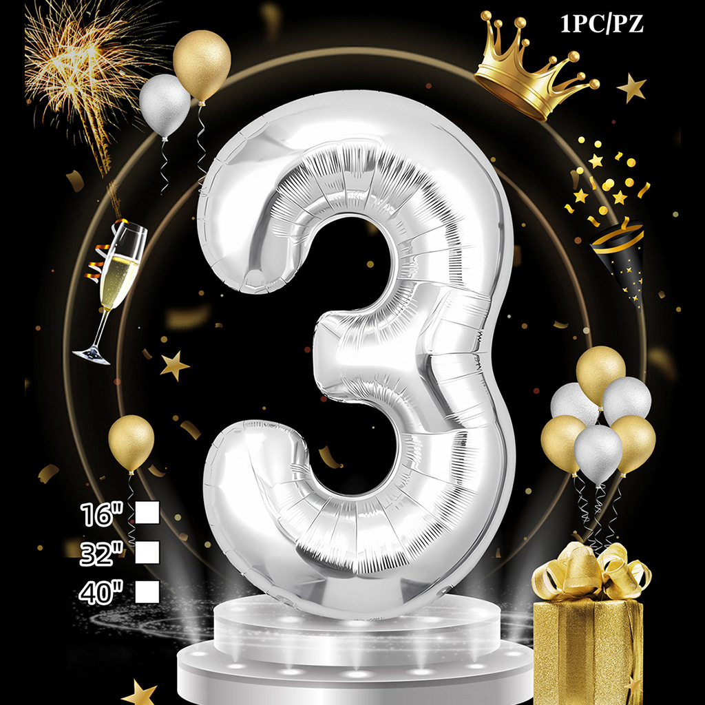 Silver Digital Age 32 pulgadas cumpleaños tarjeta de papel independiente transfronteriza embalaje versión estadounidense película de aluminio delgado decoración de globo flotante