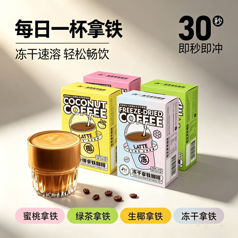 Jinglan Freeze-Dried Latte Green Tea Peach Raw Coconut Latte Instant Three-In-One Coffee 144g Boxed Factory Direct Sale Jinglan Freeze-Dried Latte Green Tea Peach Raw Coconut Latte Instant Three-In-One Coffee 144g Boxed Factory Direct Sale