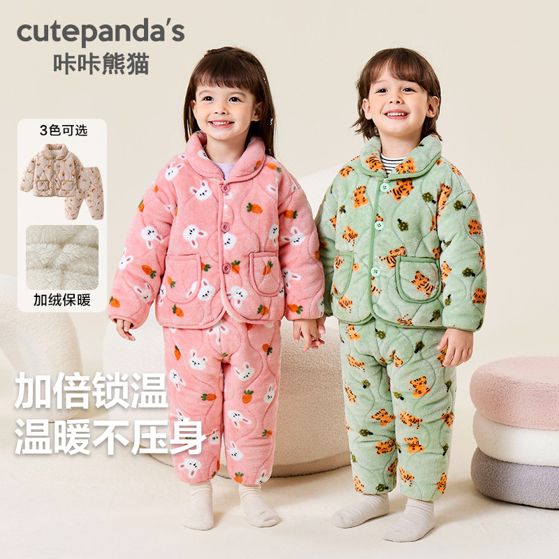 Children's Pajamas Boys' fleece-lined Thickened Home Clothes suit Baby Winter Clothes Girls' Baby Warm Two-piece Set for Autumn and Winter