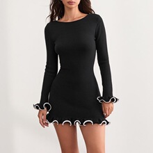 W 52119 Round Neck Long Sleeve Dress ���~߅�B��ȹ �W����