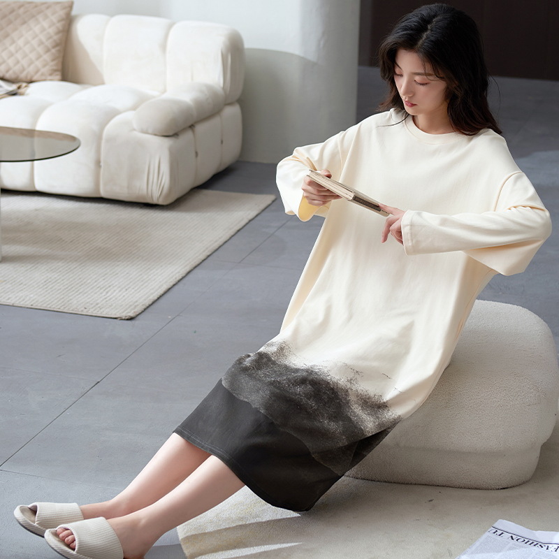 New Arrival Pajamas Women's Autumn and Winter Pure Cotton Sweet Striped Long-sleeved Loose Home Clothes Mid-length Nightgown Pure Cotton Hair