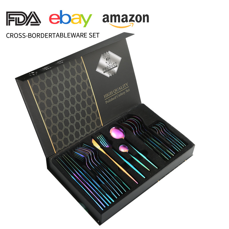 Juego de cuchillo y tenedor de comida occidental portuguesa de acero inoxidable de Amazon transfronterizo Juego de 24 piezas de bistec, cuchillo, tenedor, cuchara, cuchara, juego de cuchara de postre