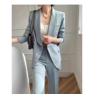 秋季新款高级感时髦西装套装女雾霾蓝职业气质女神范西服套装