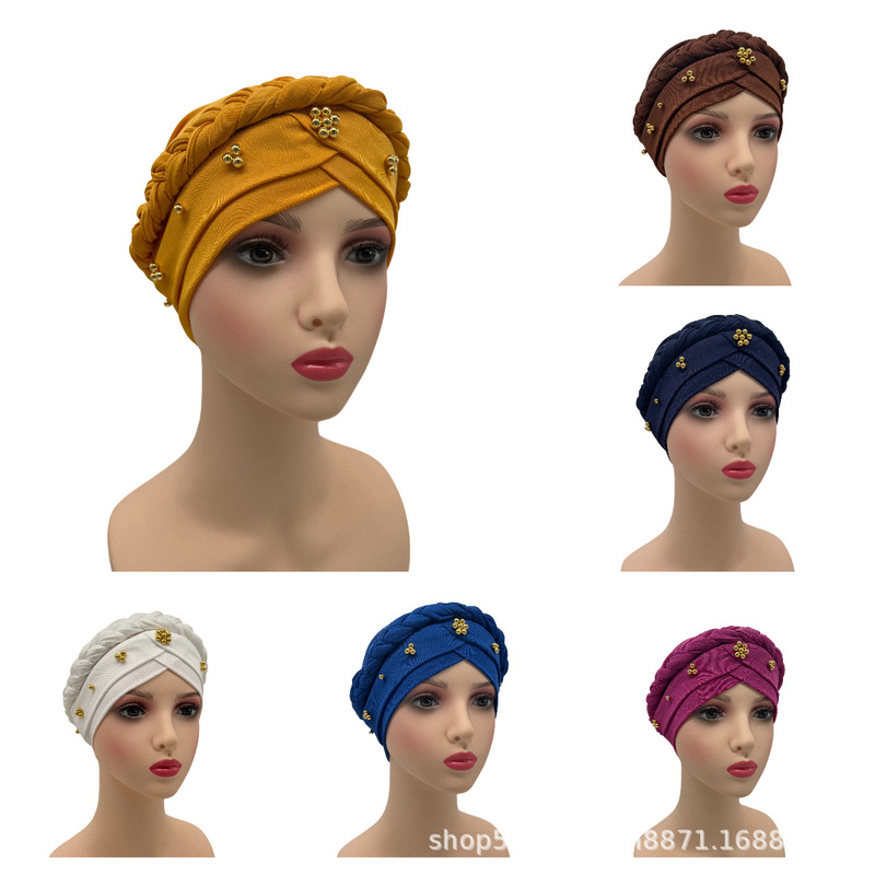 Amazon's New European and American Style Spring and Autumn Headscarf Hat Made of Milk Silk, Single Color, with Beaded Whip-Style Headscarf Hat and Braids