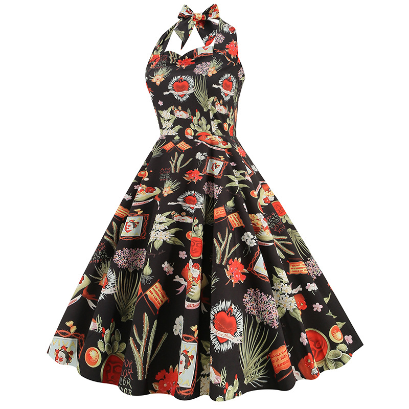 European And American Women's Hepburn Style Puff Skirt Dress Retro Print Halter Neck New 2026 Cross Border Exclusive_ecoleips.com