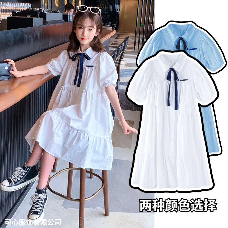 Girls Dress 2025 New Summer Short Sleeve Cotton College Style Jk Style Princess Dress Bow Skirt Medium Large