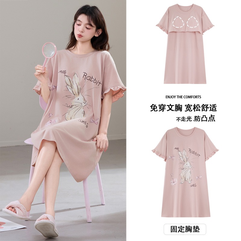High-End Large-Size Cotton Nightgown with Breast Pads for Women, Summer Thin Short-Sleeved Round-Neck Women's Cotton Pajamas, Home Wear