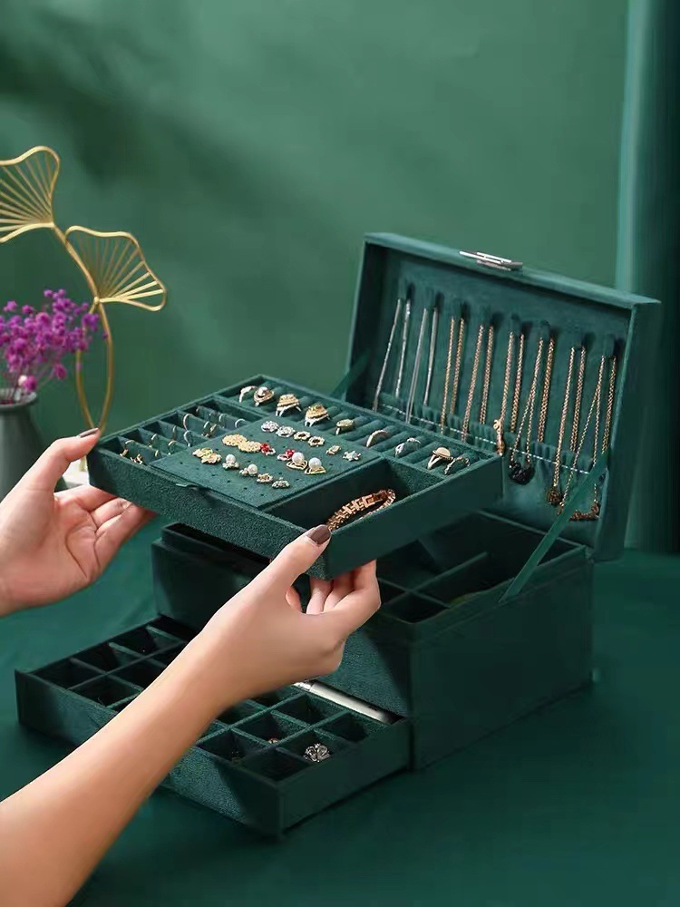 Caja de joyería de tres capas de dos capas con cerradura pendientes de franela pendientes collar pulsera caja de almacenamiento de joyas de alta gama de gran capacidad