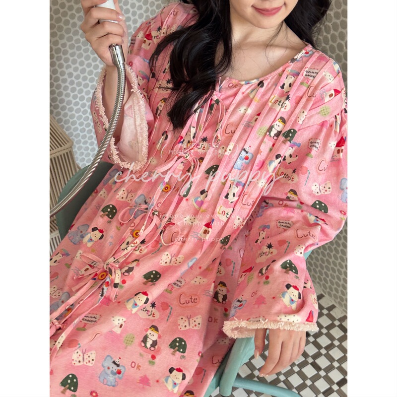 Langlangshan Long-Sleeved Pants Suit Nightgown Brushed Brushed Pajamas Home Clothes Cute, Exquisite and Comfortable Pure Cotton Korean