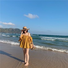 女童一字肩上衣夏装沙滩时尚韩版网红亲子装母女装洋气夏海边度假