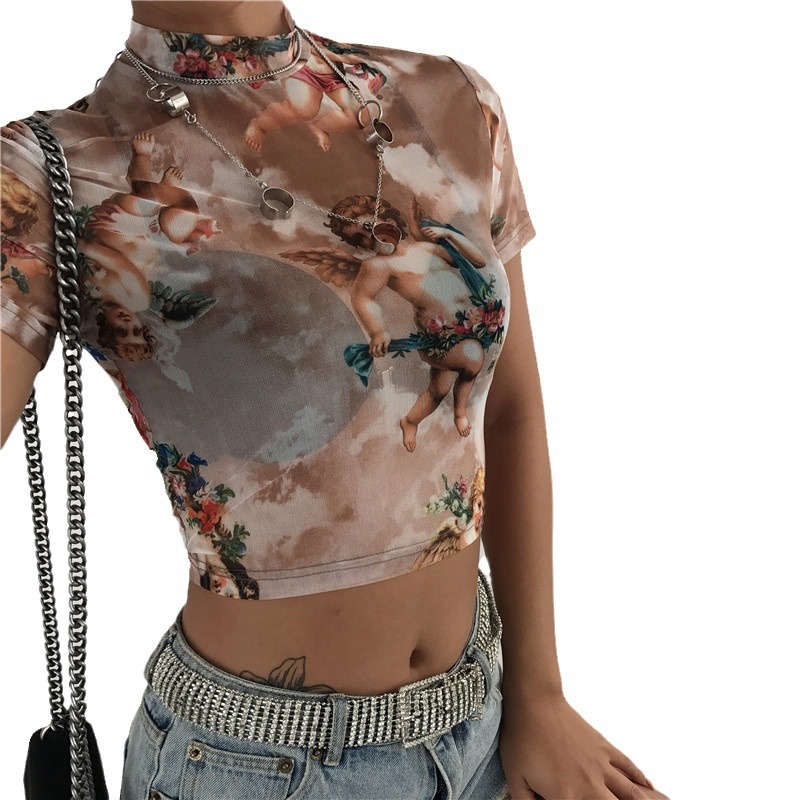 2020 primavera AliExpress Venta caliente nueva ropa de mujer temporada Cupido impreso manga corta camiseta base de malla
