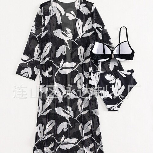  European and American foreign trade swimwear women's split three-piece long-sleeved mesh blouse cross-border bikini print set