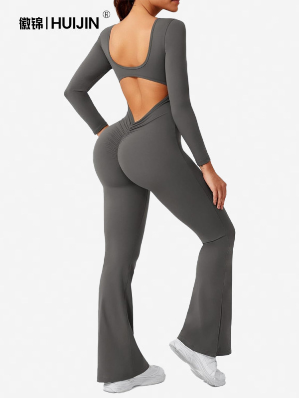 ヨーロッパとアメリカの新しいワンピースヨガウェア、スリムフィット、ヒップアップ、フレアパンツ、フィットネス、カジュアル、中空、美しいバック、スクエアカラー|undefined