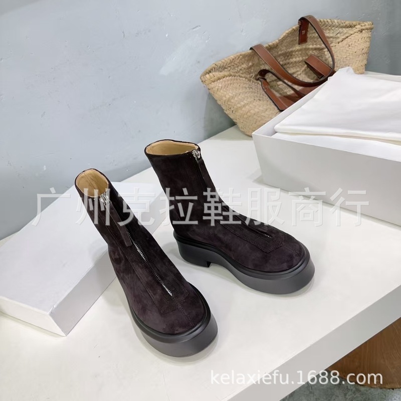 高端小众2025新款真皮英伦风圆头复古松糕厚底增高前拉链短靴单靴|undefined