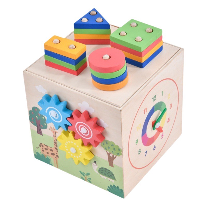 Niños CE EN71 madera educación temprana porosa cognitiva de múltiples caras forma de la caja a juego bloques de construcción juguetes educativos geométricos