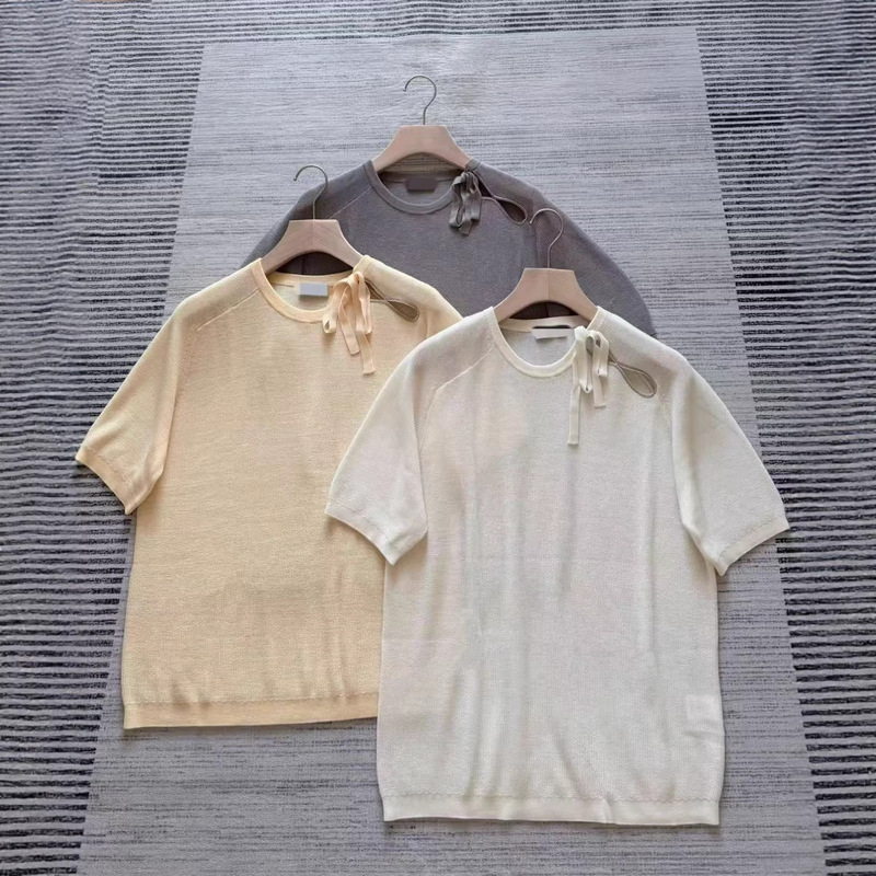 Bc2026 Spring and Summer New Style Shoulder-Tie Knitwear for Women, Loose and Slimming Design, Round Neck, Short Sleeves Bc2026 Spring and Summer New Style Shoulder-Tie Knitwear for Women, Loose and Slimming Design, Round Neck, Short Sleeves