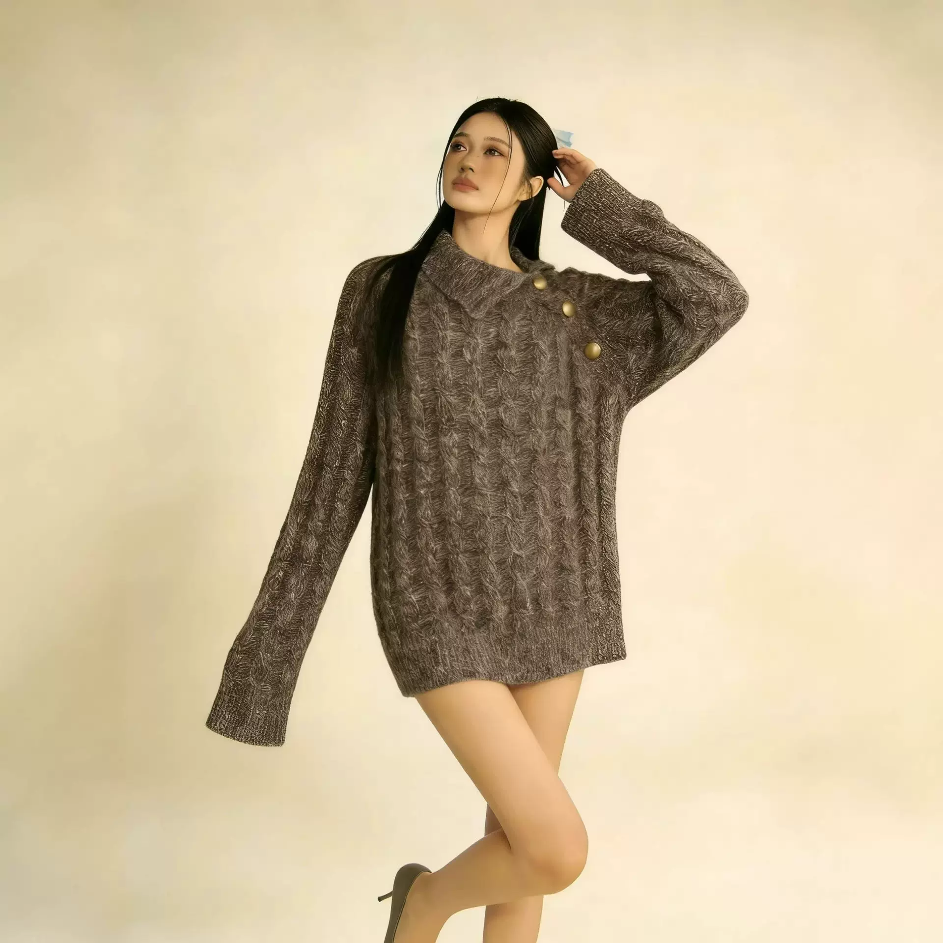 定制灰色粗麻花毛衣女翻领金属扣设计感宽松中长款慵懒风针织上衣