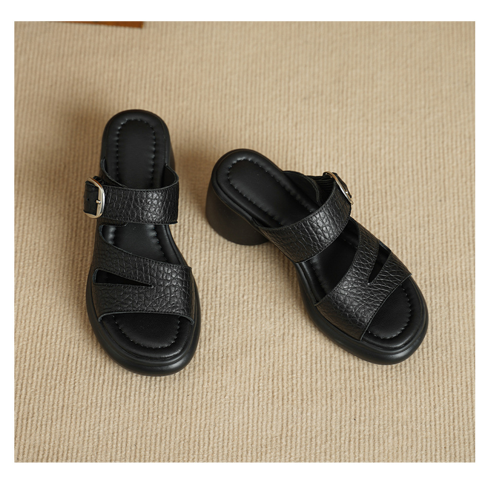 Sandal cao gót nữ hở mũi đế dày da dê 7 cm — đen chi tiết 15