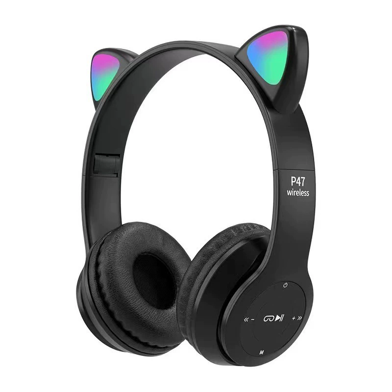 Bluetooth гарнитура P47M кошачьи уши, светящиесяRGB ушные светодиоды, тяжелый бас, беспроводной