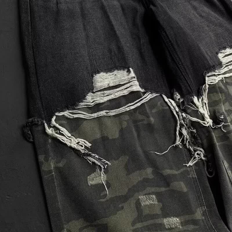 Men's Streetwear Distressed Denim Pants Baggy Ripped Jeans Camouflage Patchwork Layered Fake Two-Piece Design_voghion.com